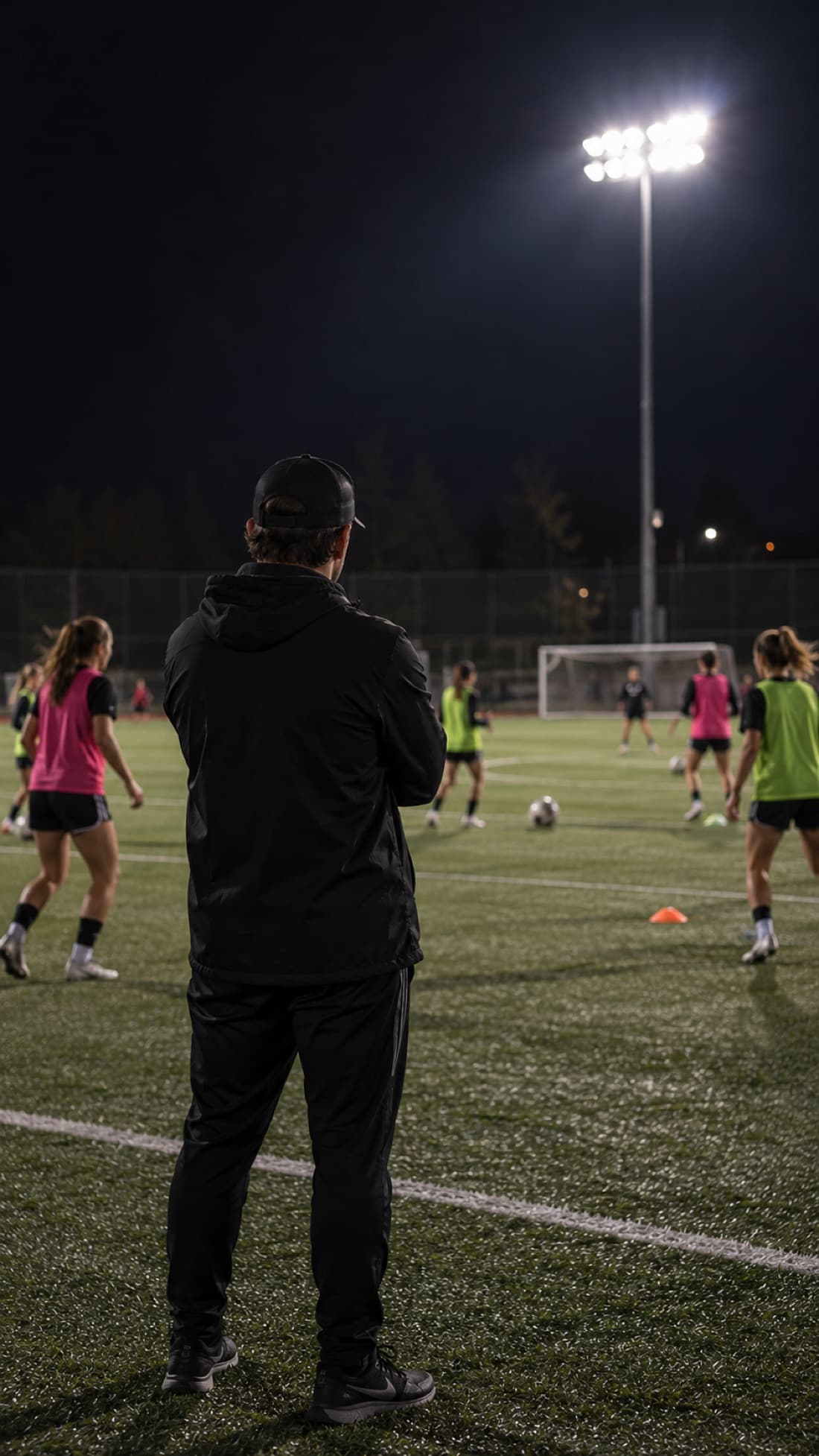 A coach watches training from the touchline under the floodlights