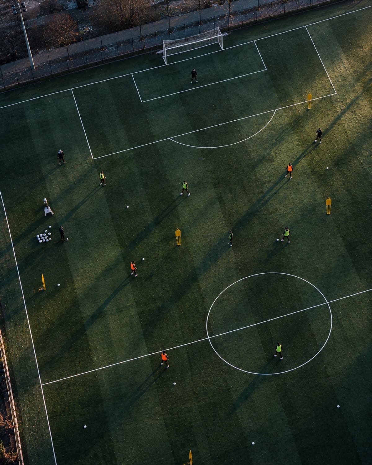 Overhead view of a training session laid out in grids across the pitch