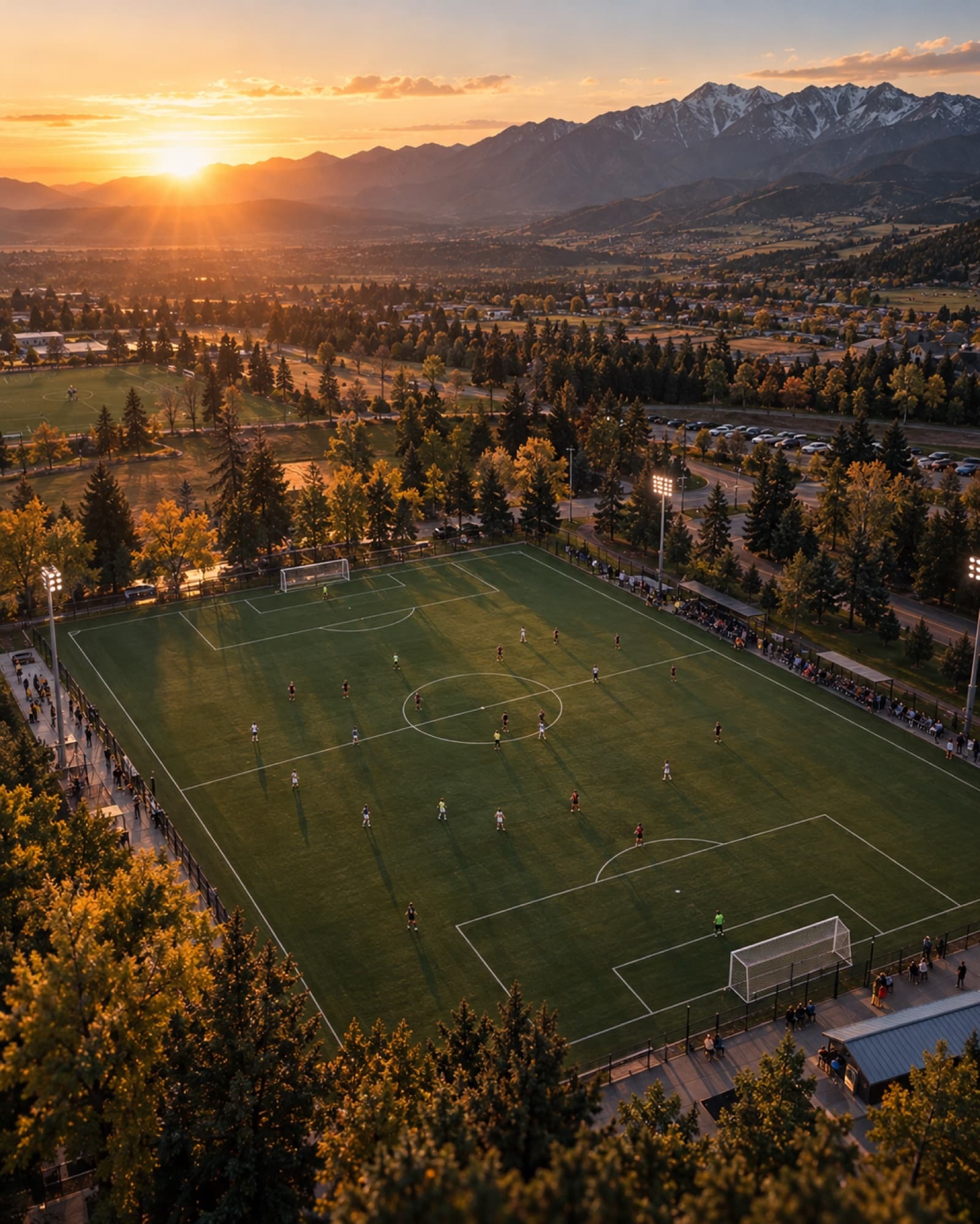 A floodlit match at golden hour on a mountain-ringed pitch